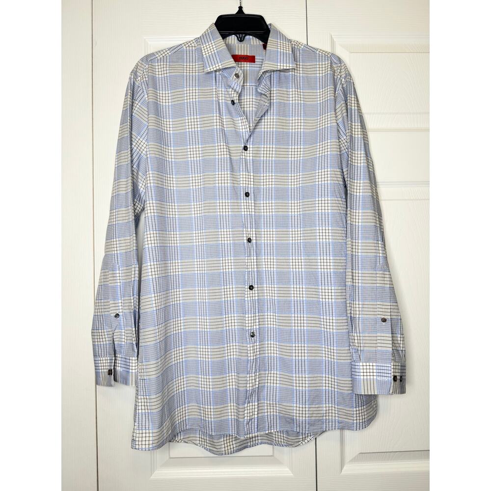 HUGO Hugo Boss Men’s Dress Shirt Size 16.5 32/33 Large Color Blue Plaid